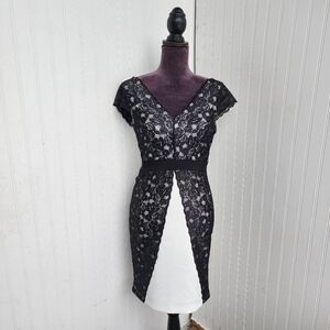 Venus Dress Womens White Black Lace Cream Bodycon V-neck Stretch Sz S